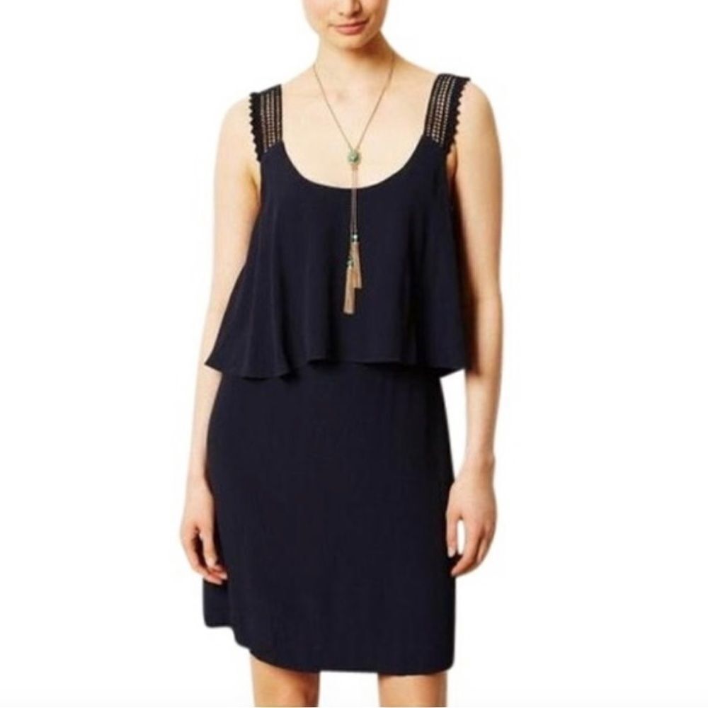 Anthropologie Maeve Navy Blue Crochet Straps Layered Dress